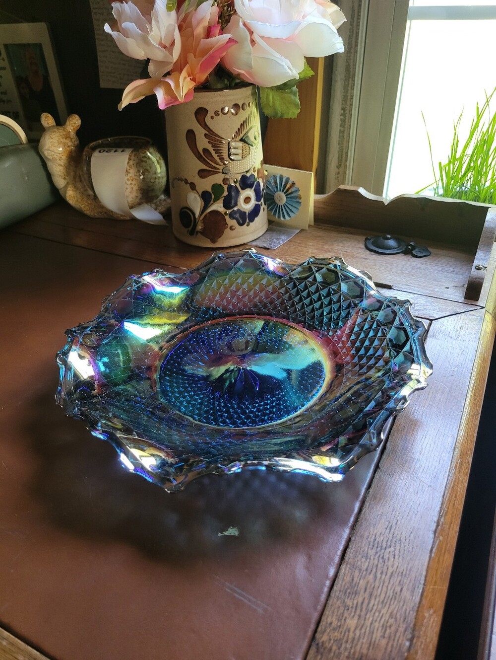 Vintage Indiana Iridescent Blue Carnival Glass Ruffled Bowl Plate 10 Inch